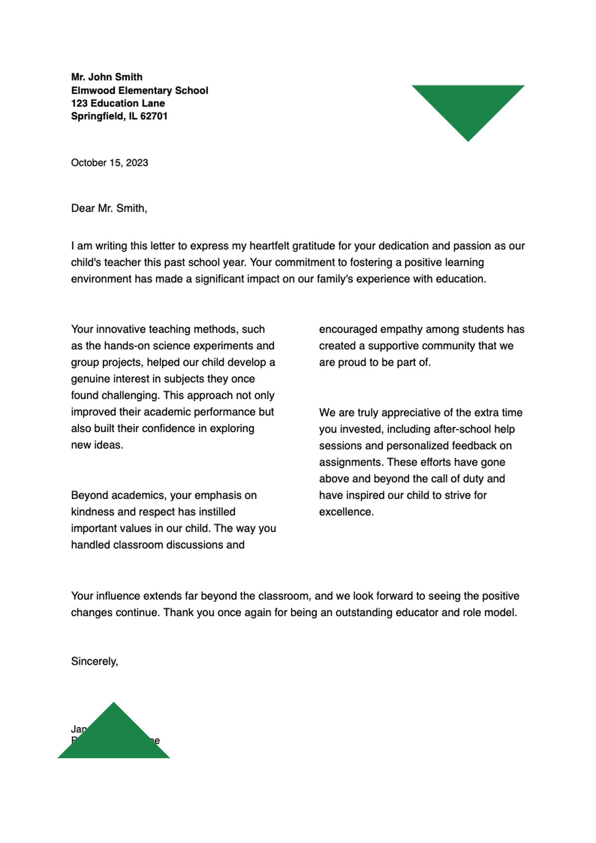 Gratitude letter from student to teacher template with green accents_variant_2